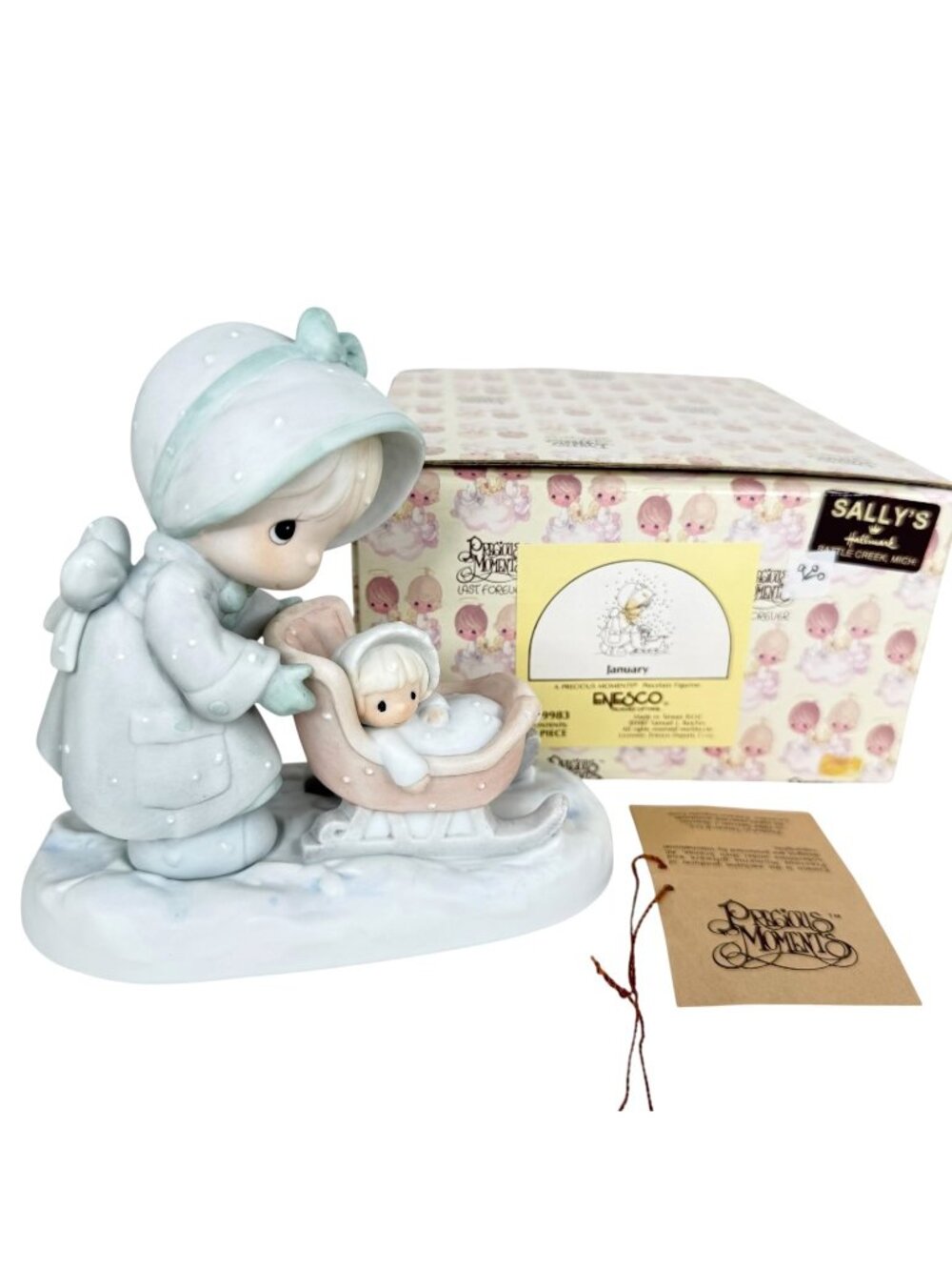Precious Moments January Figurine Girl With Baby Sled 1987 Enesco New‎ With Box